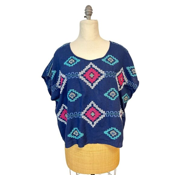Johnny Was JW Los Angeles Boho Embroidered  Linen Navy Top Small - Picture 1 of 5